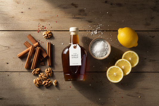 5 ingredients ,nuts ,lemon ,salt, cinnamon and maple syrup on a country table