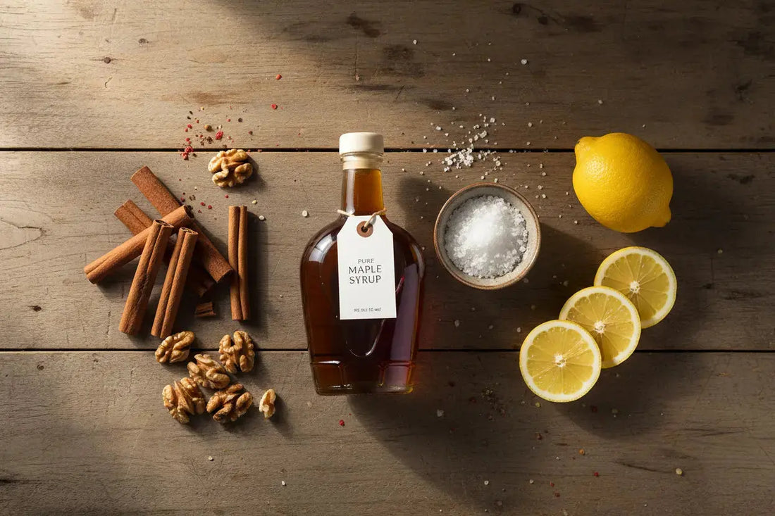 5 ingredients ,nuts ,lemon ,salt, cinnamon and maple syrup on a country table