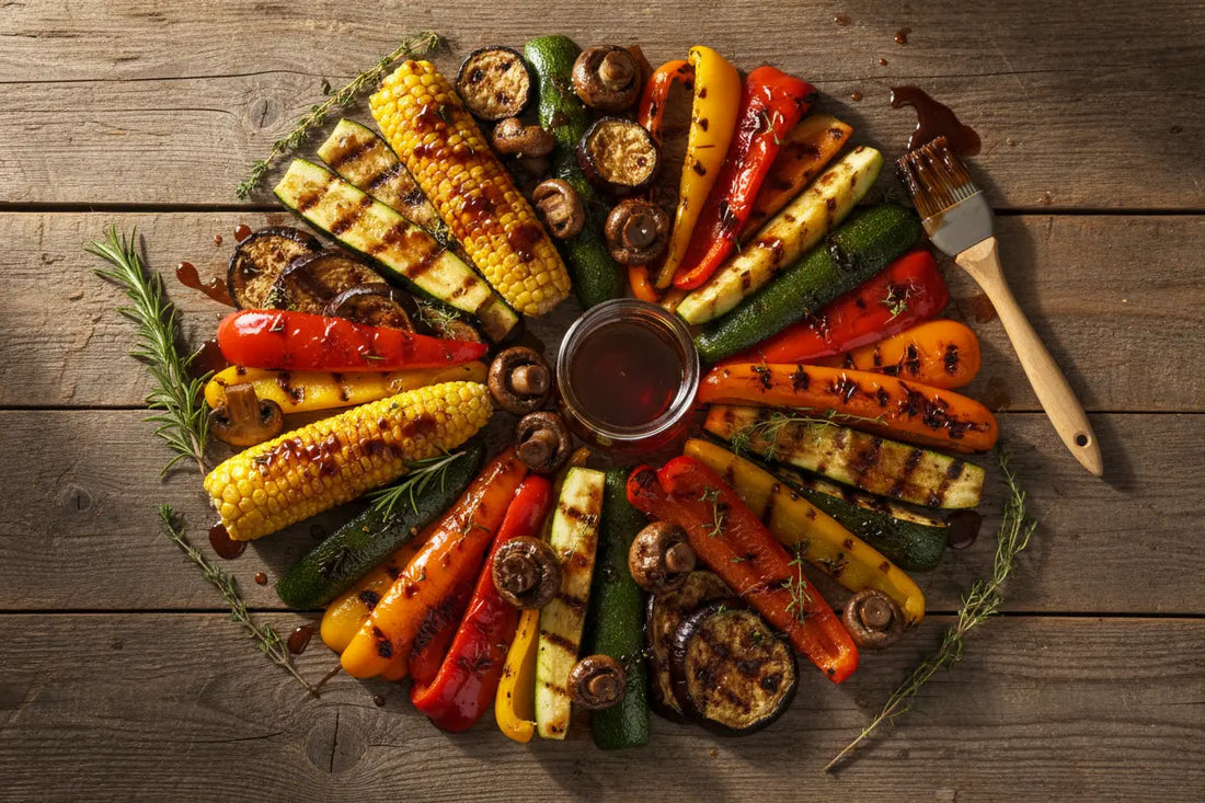 Grilled vegetables including corn, mushrooms, zucchini, and other vegetables arranged on a wooden table around a bowl of maple glaze in the center.