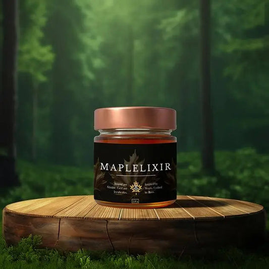 A jars of Maplelixir shines in the forest light. Pure Canadian maple syrup elixir waits for you. 🍁 #Maplelixir