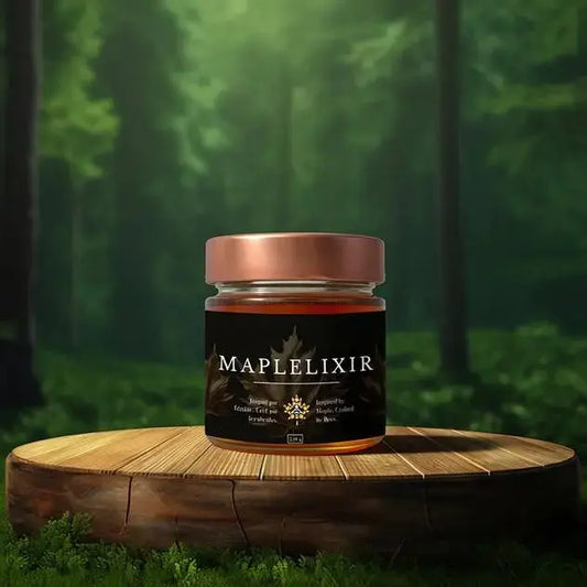 A jars of Maplelixir shines in the forest light. Pure Canadian maple syrup elixir waits for you. 🍁 #Maplelixir