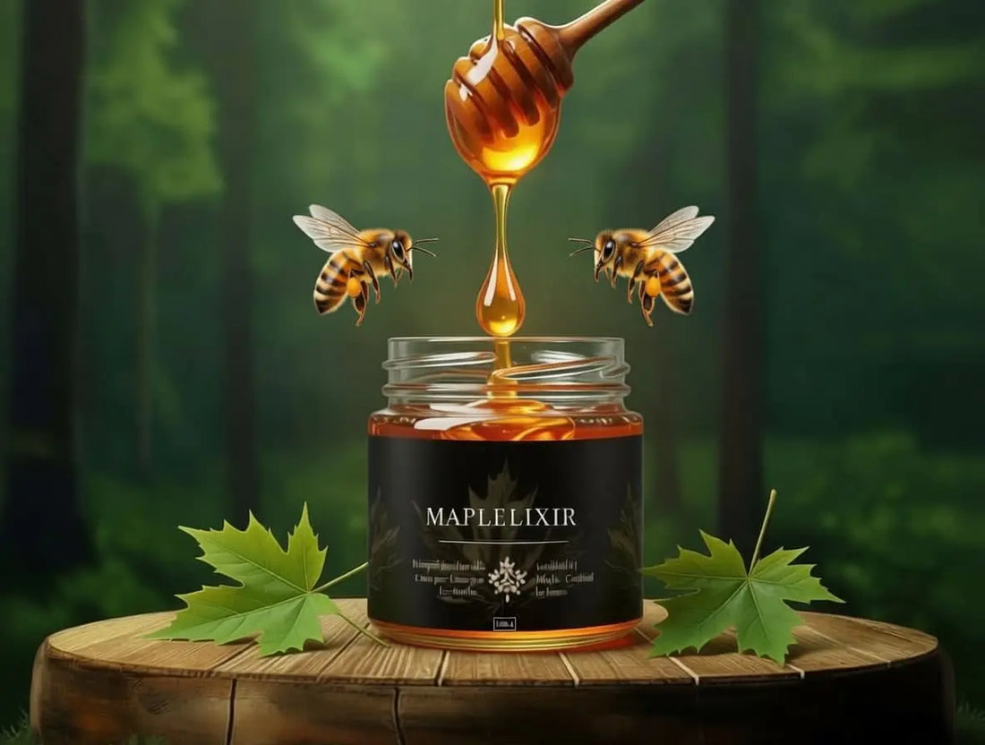 Maple-fed Beehive Elixir jar sits on a wood stump amid green forest and maple leaves.