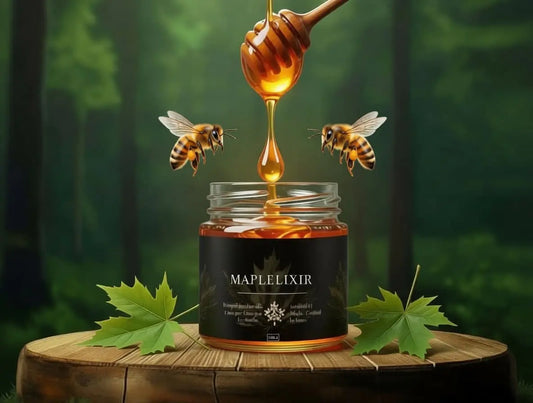 Maple-fed Beehive Elixir jar sits on a wood stump amid green forest and maple leaves.