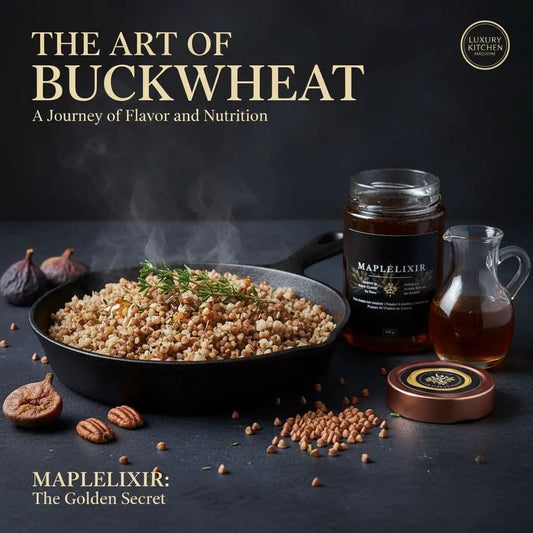 Skillet of cooked buckwheat with a jar of Maplelixir syrup and a glass pitcher on a dark background.