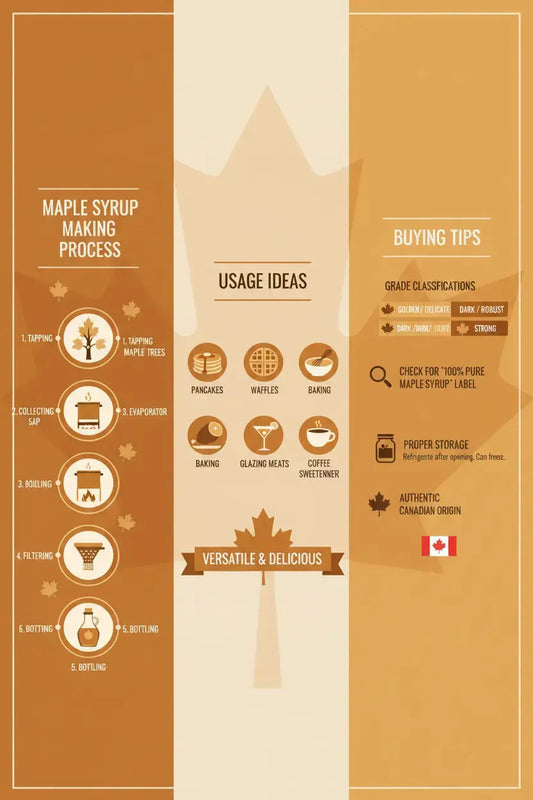 Canada maple syrup chart with making process, usage ideas, and buying tips.