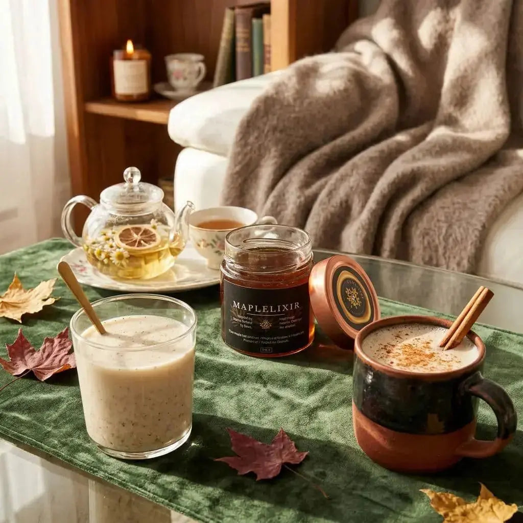 Wooden table holds vintage teacup, clear teapot of yellow tea, creamy beverage, and terracotta mug plus leaves.