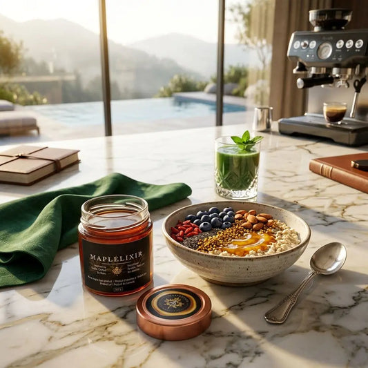 Energizing breakfast setup features MapleLixir honey jar, oatmeal bowl with berries and nuts, green smoothie, and espresso on marble counter by mountain view window.