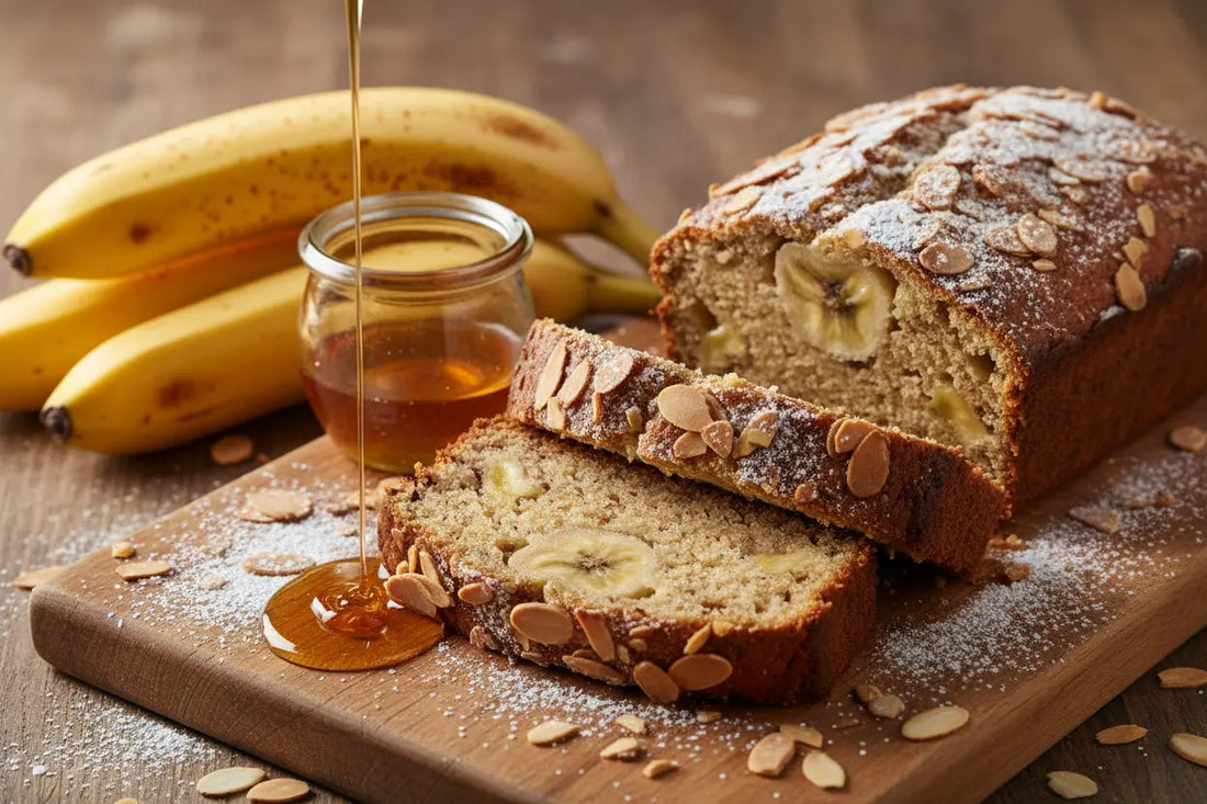 Healthy Banana Bread with Almond Flour on a cutting board , some maple syrup is poured