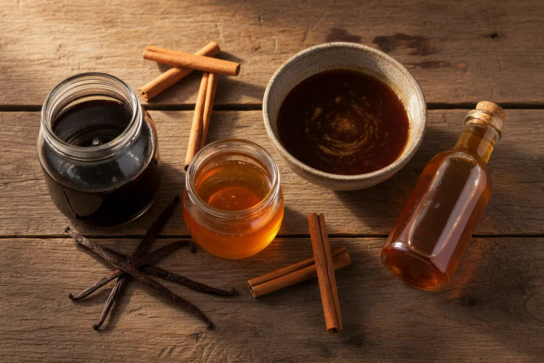 on a wooden table ingredients to make a homemade maple syrup substitute , brown sugar , cinnamon , maple extract