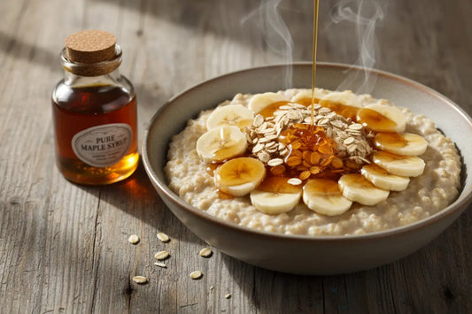 banana oatmeal topped with maple syrup on a luxury rustic table