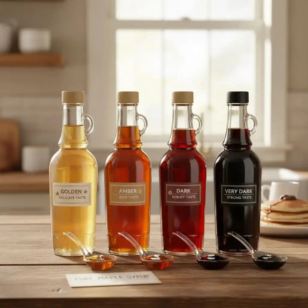Pure maple syrup in golden amber dark and very dark bottles lined up next to spoons and pancakes.