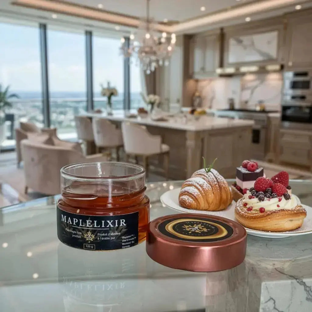 Golden Maplelixir maple syrup jar beside fresh croissant, berry cream dessert, and fruit on glass surface in upscale kitchen.