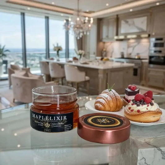 Golden Maplelixir maple syrup jar beside fresh croissant, berry cream dessert, and fruit on glass surface in upscale kitchen.