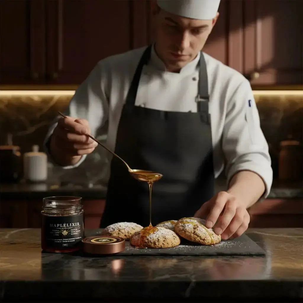 Chef drizzles maple syrup from Maplelixir jar onto powdered sugar cookies.