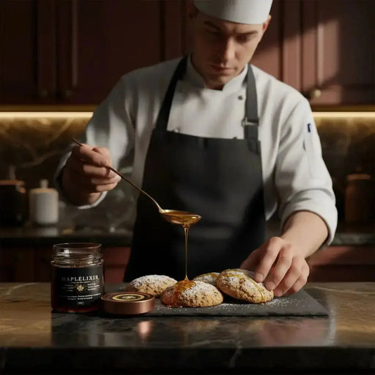 Chef drizzles maple syrup from Maplelixir jar onto powdered sugar cookies.