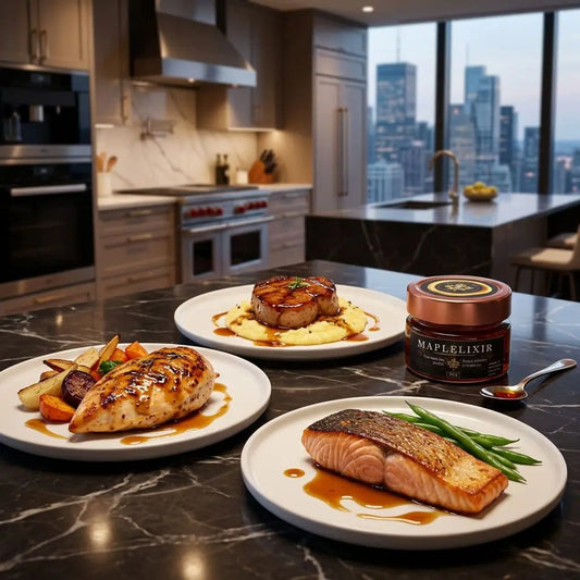 Glossy pork, chicken, and salmon dishes glazed in maple syrup sit on a marble counter; Maplelixir jar stands nearby in a modern kitchen overlooking skyscrapers.
