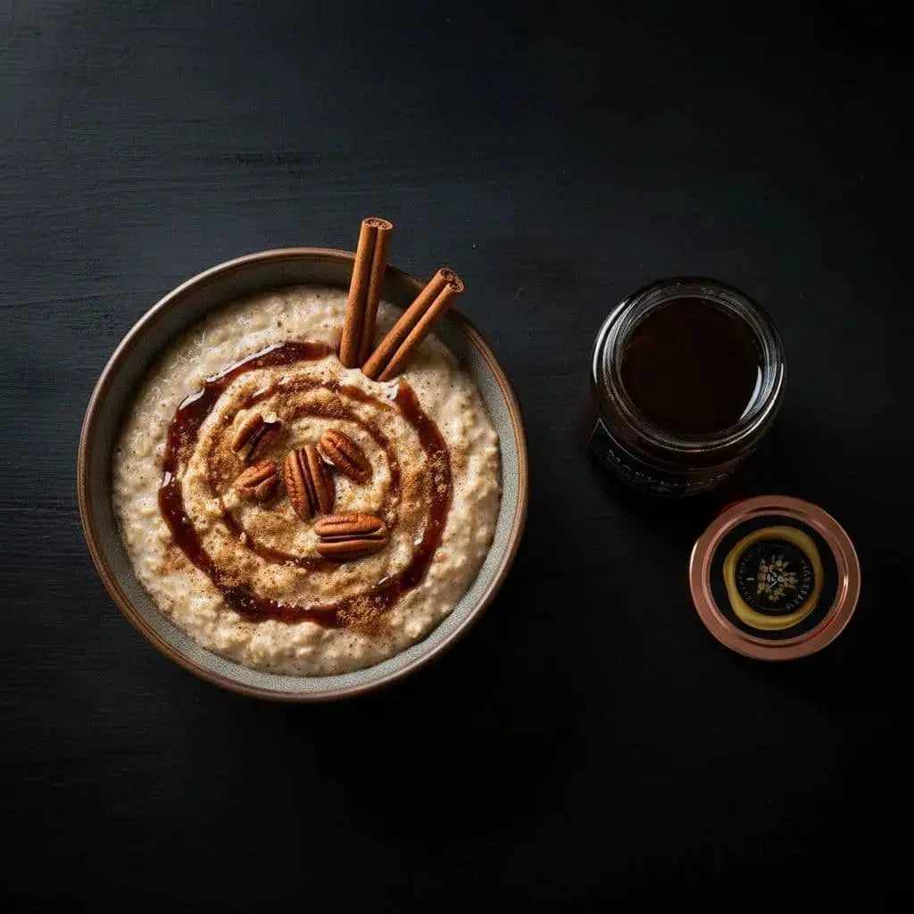 Creamy oats in a bowl, drizzled with syrup and topped with cinnamon and pecan halves; cinnamon sticks rest nearby, syrup jar sits beside it.