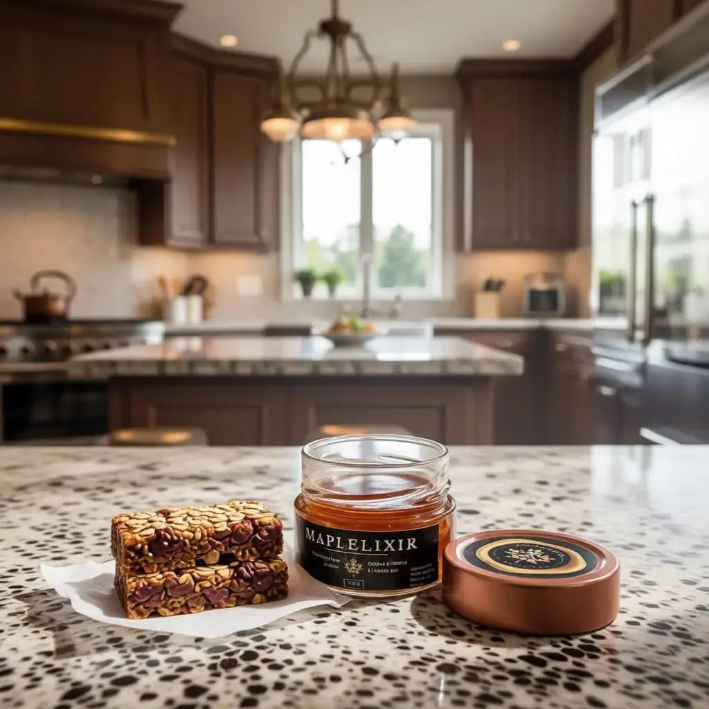 Marble counter holds Maplelixir syrup tin, jar, and fresh oat brittle bars.