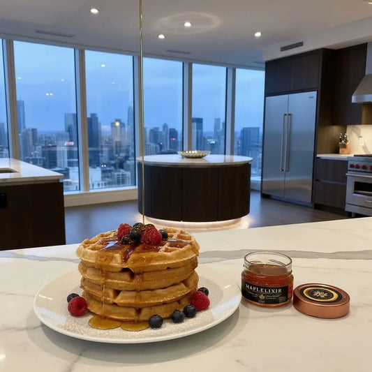 Maple Syrup Infused Waffles next to maple syrup elixir jar