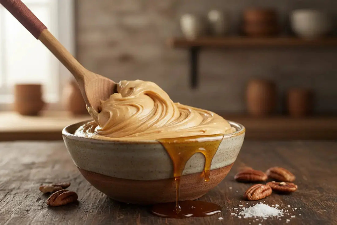 whipped maple butter in bowl , spoon is inside , some pecans next to the bowl.A pinch of salt on the table