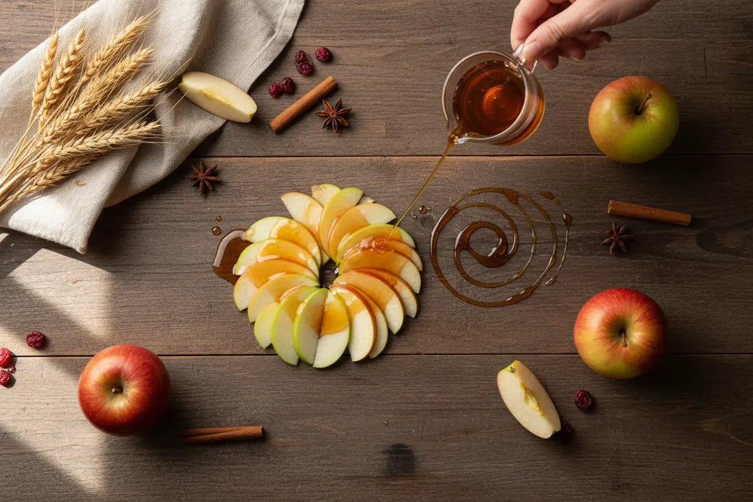Maple Apple Drizzle poured over apple slices on a wooden table. Some grain cluster seen on the side. # apples are around