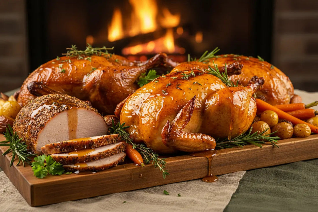 Chicken, turkey and duck maple BBQ on a wooden board ,a fire oven seen on the second plan. Some herbs and sides on the board as well