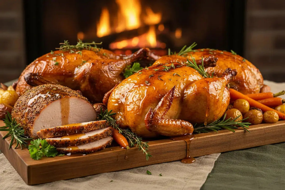 Chicken, turkey and duck maple BBQ on a wooden board ,a fire oven seen on the second plan. Some herbs and sides on the board as well