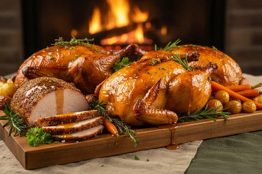 Chicken, turkey and duck maple BBQ on a wooden board ,a fire oven seen on the second plan. Some herbs and sides on the board as well