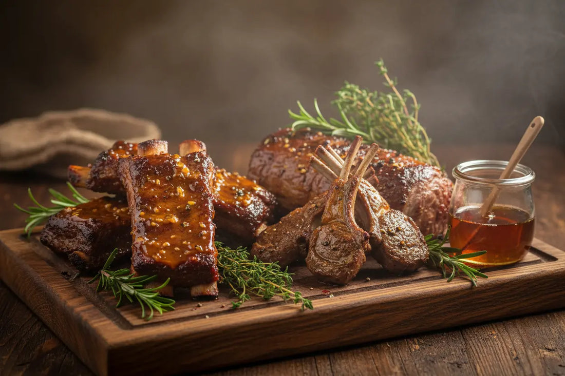 maple bbq of pork ,lamb and beef on a maple wooden board , herbs on top. Maple BBQ source on the side