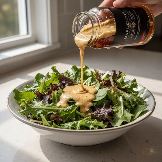 maple dijon dressing poured over a salad