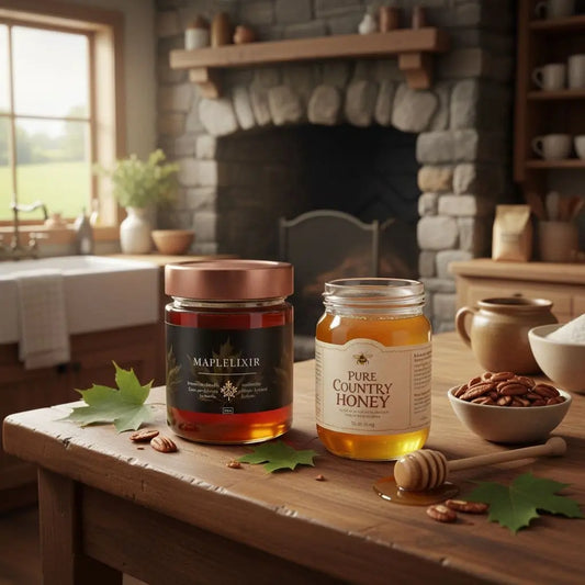 In this warm rustic spot, Maplelixir faces off with golden honey. Fresh maple leaves add a nice touch. Which one calls to you first? 🍯 #SweetRivals