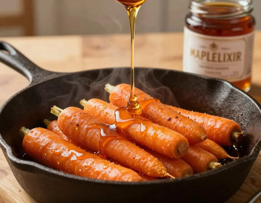 Cast iron pan holds orange carrots coated in shiny maple elixir.
