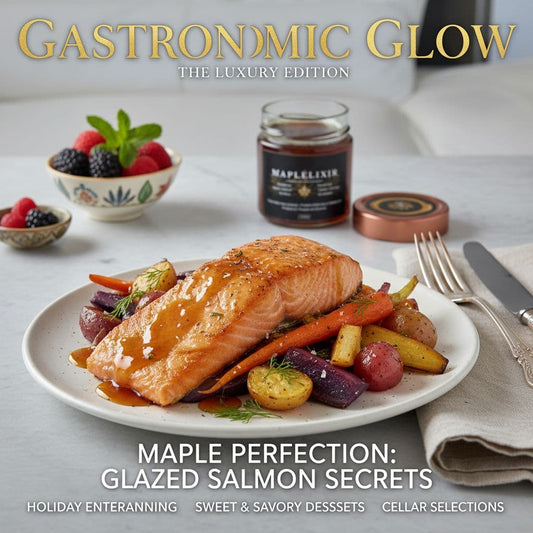 Glazed salmon fillet on roasted vegetables with berries and a maple syrup jar