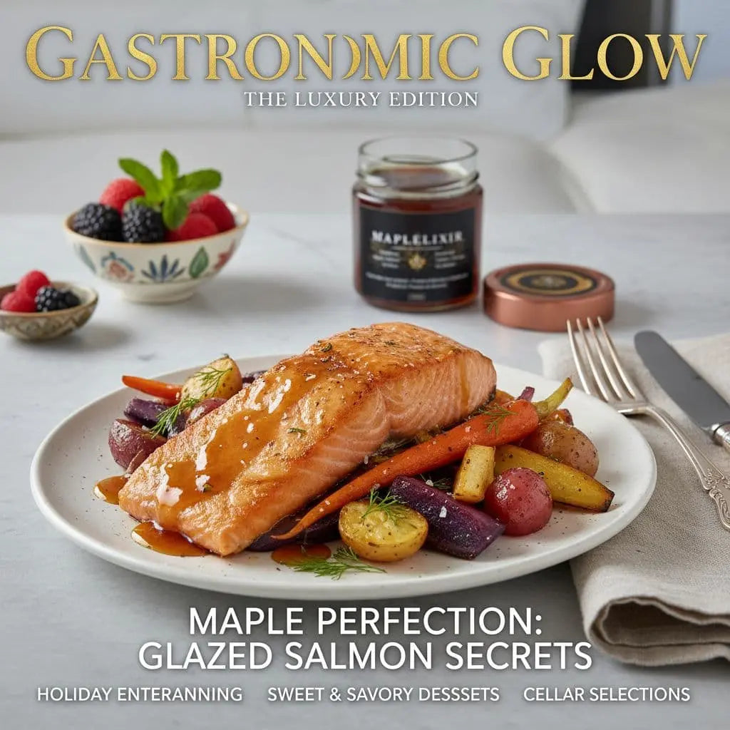 Glazed salmon fillet on roasted vegetables with berries and a maple syrup jar
