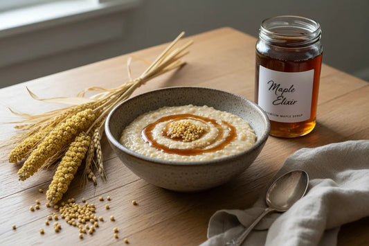 Maple Millet Porridge next to a cluster of millet  and jar of maple syrup
