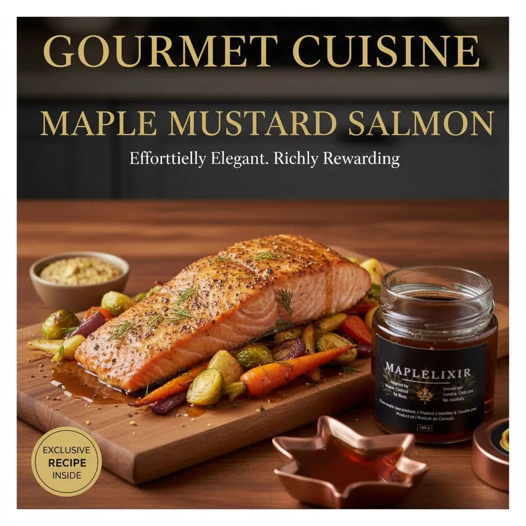 salmon with maple mustard glaze on a table next to a maple syrup , mustard , carrots 