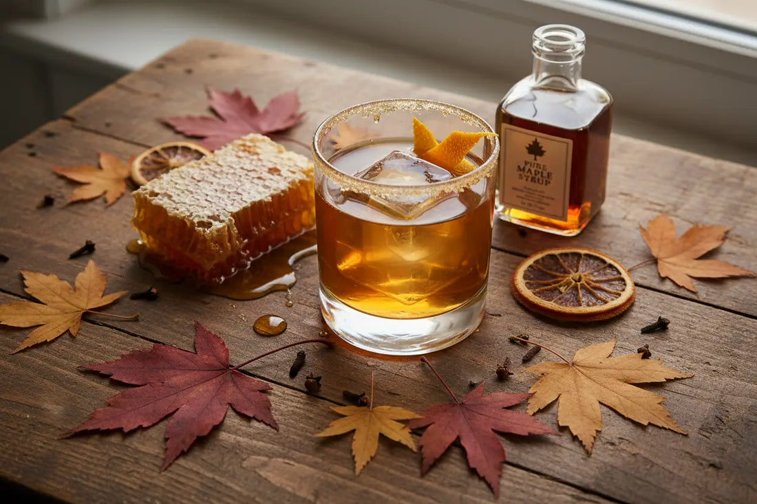 maple old fashioned on a wooden table , some maple leafs around , honey comb as well a glass with a drink