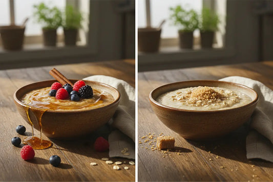 Maple Porridge vs Oatmeal on a wood table in kitchen