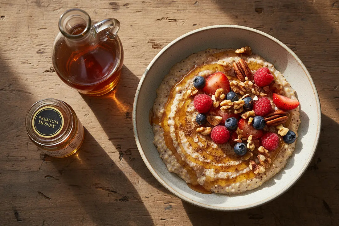 Maple Quinoa Porridge Recipe on a table, topped with berries and maple syrup