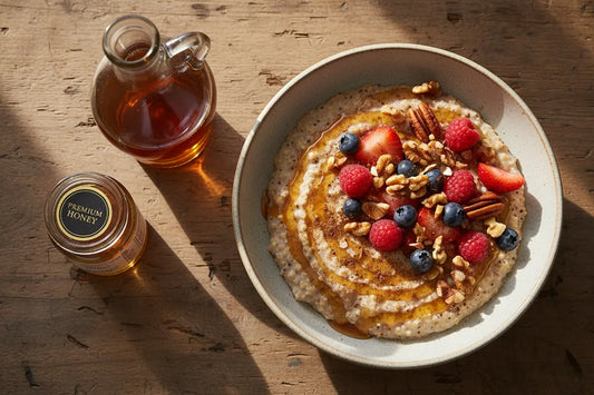 Maple Quinoa Porridge Recipe on a table, topped with berries and maple syrup