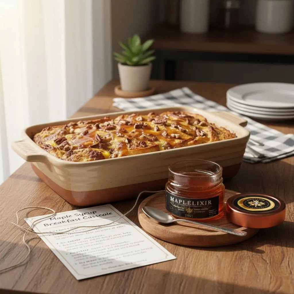Warm maple breakfast casserole sits ready on the table. Pecans add crunch, syrup brings sweetness. Pair it with coffee for a cozy start. ☕ #BreakfastCasserole