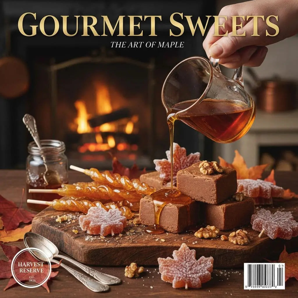 Maple-themed sweets arranged on a wooden serving board with fall leaves.