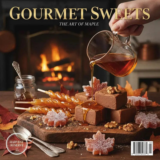 Maple-themed sweets arranged on a wooden serving board with fall leaves.