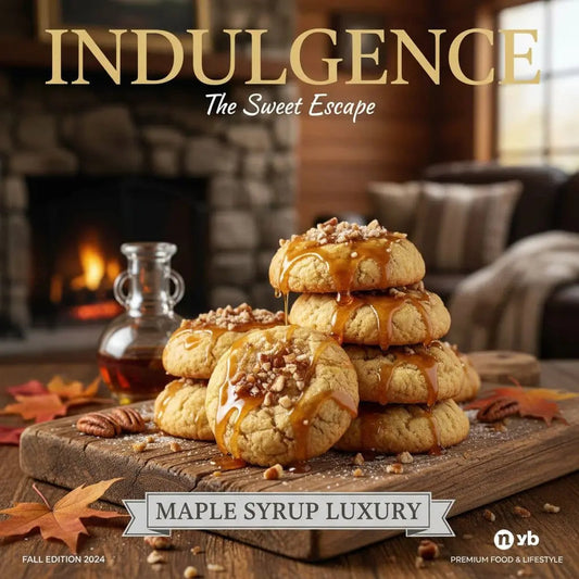 Stack of maple syrup cookies on a wooden board in a cozy room with a fireplace.