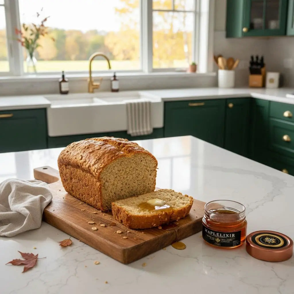Sliced loaf of fresh bread with butter and Maple Elixir Syrup on a wooden board sits on a white quartz counter in a green kitchen.