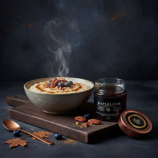 Steaming bowl of oatmeal drizzled with Mapler syrup, topped with blueberries and pecans on a wooden board.