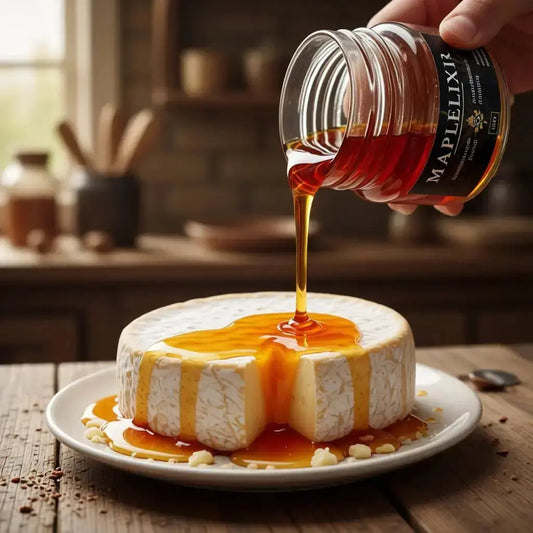 A hand pours amber Maple Elixir maple syrup over soft white-rind cheese on a plate.