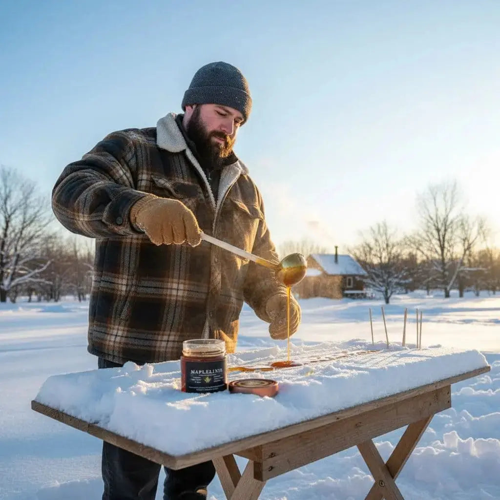 Winter scene with a man making maple syrup taffy on snow