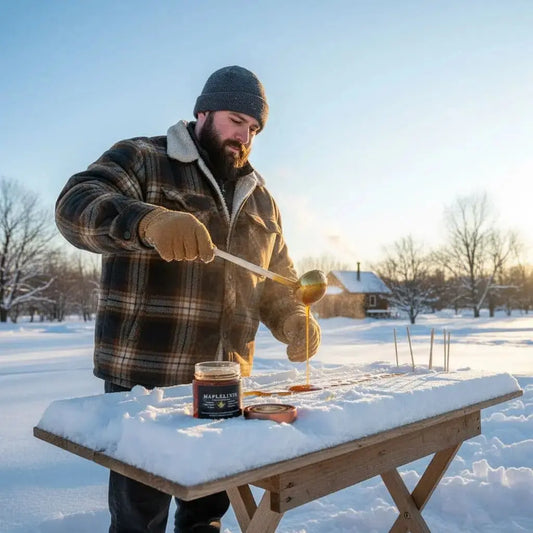 Winter scene with a man making maple syrup taffy on snow