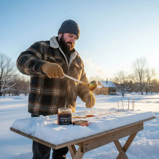 Winter scene with a man making maple syrup taffy on snow